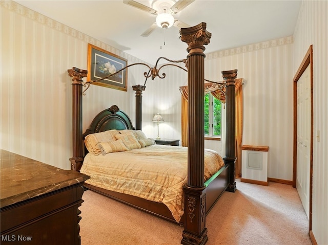 2526 Ashbrook Dr, Ashtabula, OH 44004 - bedroom featuring wallpapered walls, light colored carpet, and a ceiling fan