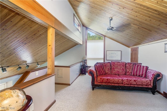 13645 Salem Church St NE, Paris, OH 44669 - living room with wood ceiling, carpet floors, vaulted ceiling, and a ceiling fan