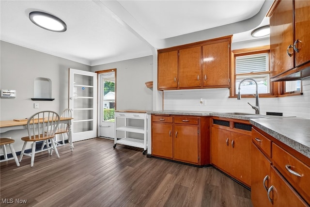 5077 Catherine St, Maple Heights, OH 44137 - kitchen with brown cabinetry, dark wood-style floors, and plenty of natural light