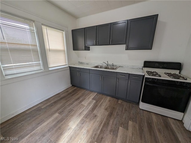 1268 E 169th St, Cleveland, OH 44110 - kitchen featuring gas stove, wood finished floors, and gray cabinetry