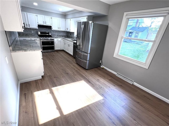 1760 Glenmount Ave, Akron, OH 44301 - kitchen featuring appliances with stainless steel finishes, white cabinets, tasteful backsplash, ornamental molding, and dark wood-style floors