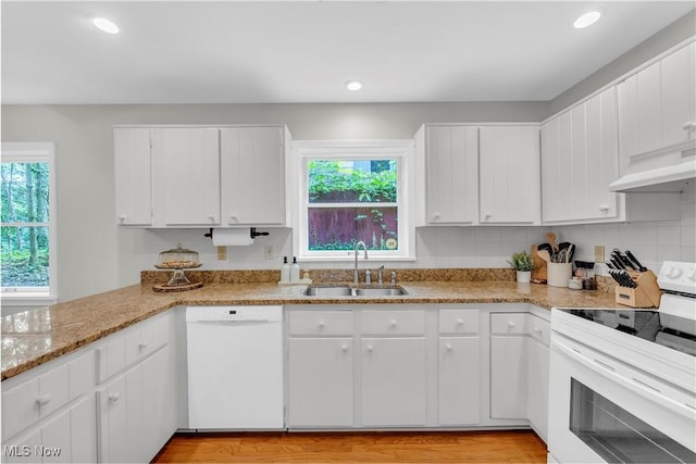 820 Old Spring Rd, Copley, OH 44321 - kitchen featuring white appliances, under cabinet range hood, white cabinets, recessed lighting, and light stone countertops