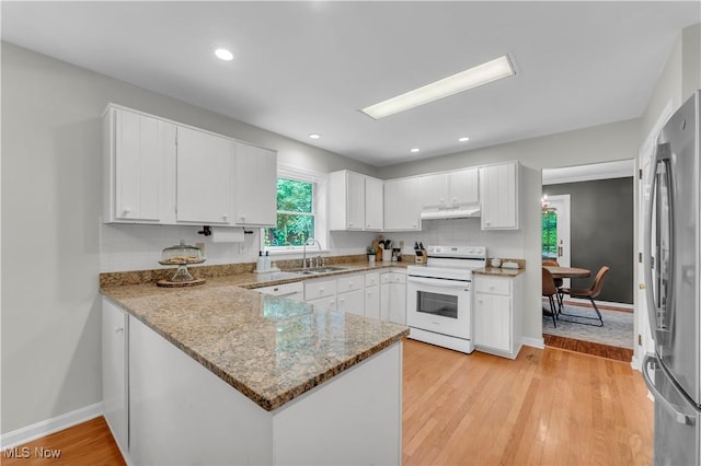 820 Old Spring Rd, Copley, OH 44321 - kitchen featuring electric range, under cabinet range hood, freestanding refrigerator, a peninsula, and white cabinetry