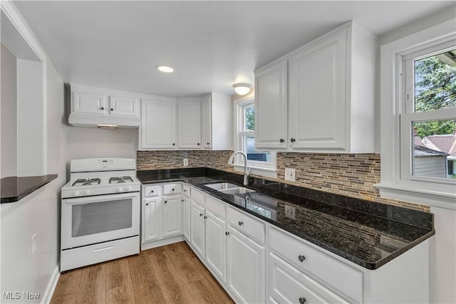 259 Marion Dr, Bedford, OH 44146 - kitchen featuring white range with gas cooktop, under cabinet range hood, white cabinetry, wood finished floors, and tasteful backsplash