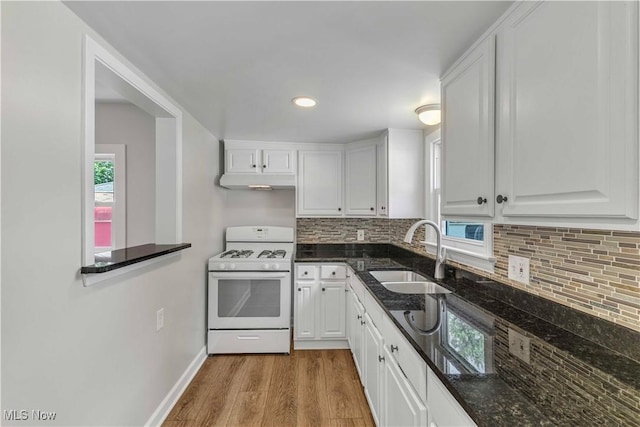 259 Marion Dr, Bedford, OH 44146 - kitchen with gas range gas stove, white cabinets, light wood-style flooring, under cabinet range hood, and decorative backsplash