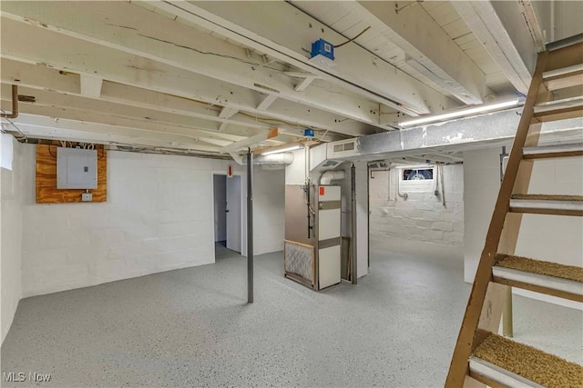259 Marion Dr, Bedford, OH 44146 - unfinished basement with electric panel, stairs, and heating unit