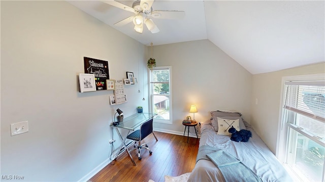 409 W Grant St, Kent, OH 44240 - bedroom with lofted ceiling, multiple windows, wood-type flooring, a ceiling fan, and an office area