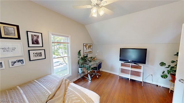 409 W Grant St, Kent, OH 44240 - bedroom featuring wood finished floors, lofted ceiling, and a ceiling fan