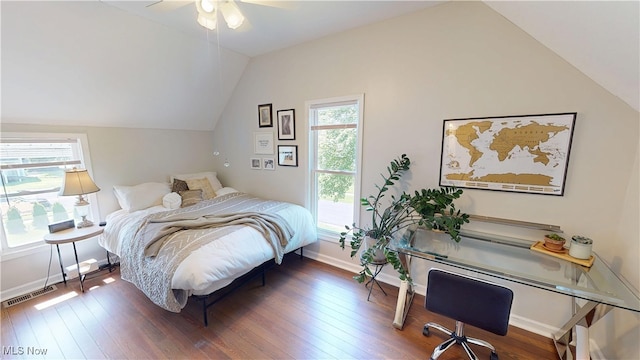 409 W Grant St, Kent, OH 44240 - bedroom featuring lofted ceiling, wood-type flooring, a desk, and a ceiling fan