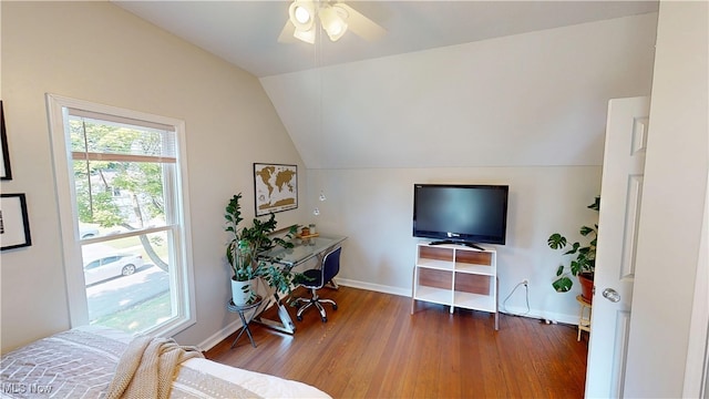 409 W Grant St, Kent, OH 44240 - office area featuring vaulted ceiling, ceiling fan, and wood finished floors