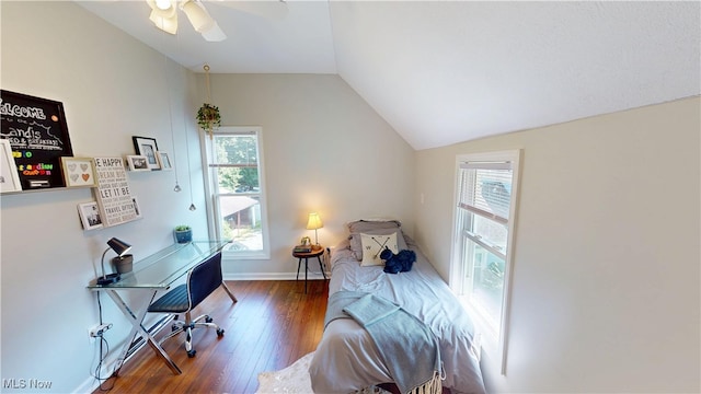 409 W Grant St, Kent, OH 44240 - bedroom with lofted ceiling, hardwood / wood-style floors, multiple windows, a desk, and ceiling fan