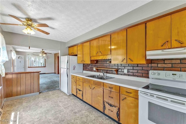 321 Overlook Rd, Vermilion, OH 44089 - kitchen featuring white appliances, under cabinet range hood, a ceiling fan, light countertops, and brown cabinets