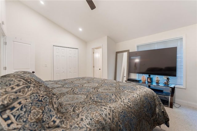 3316 Wadsworth Rd, Norton, OH 44203 - bedroom featuring vaulted ceiling, carpet floors, a closet, ceiling fan, and recessed lighting