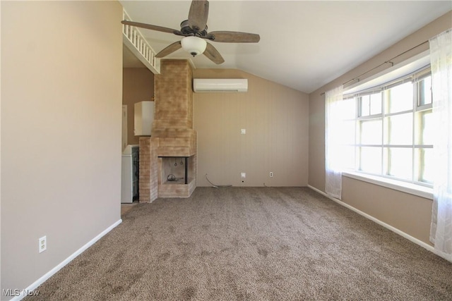 3886 Ascot Ct, Austintown, OH 44511 - unfurnished living room featuring an AC wall unit, lofted ceiling, ceiling fan, carpet flooring, and a fireplace
