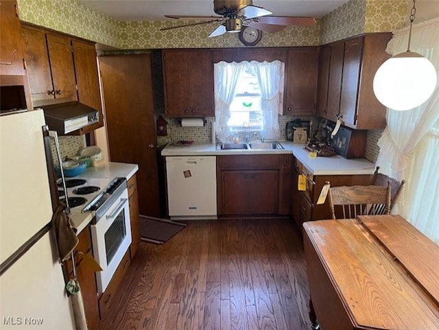 5898 Kellar Rd, New Franklin, OH 44319 - kitchen featuring white appliances, dark wood finished floors, a ceiling fan, light countertops, and wallpapered walls