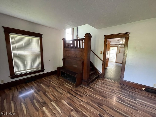 4034 Broadway Ave NE, Louisville, OH 44641 - staircase featuring wood finished floors, a textured ceiling, and a ceiling fan