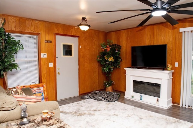 1863 Deerfield Ave SW, Warren, OH 44485 - living area with wood walls, a ceiling fan, a glass covered fireplace, and wood finished floors