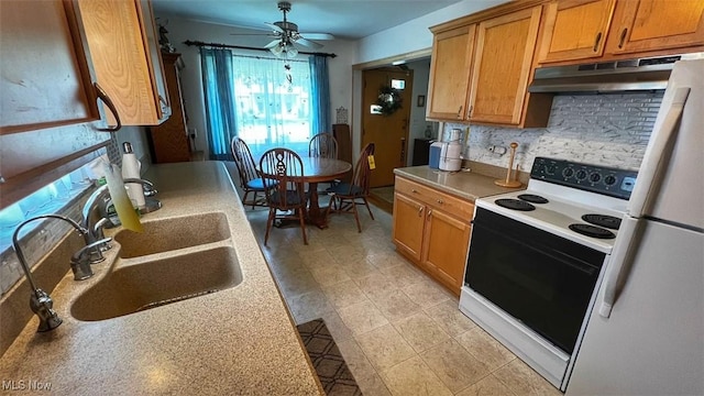 237 Kraft St, Berea, OH 44017 - kitchen featuring white appliances, under cabinet range hood, tasteful backsplash, ceiling fan, and light countertops