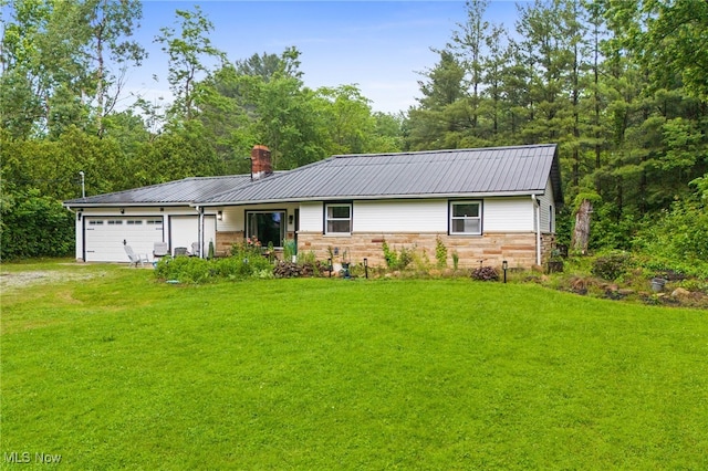 8902 Taylor May Rd, Chagrin Falls, OH 44023 - single story home with driveway, a front yard, a garage, and a chimney