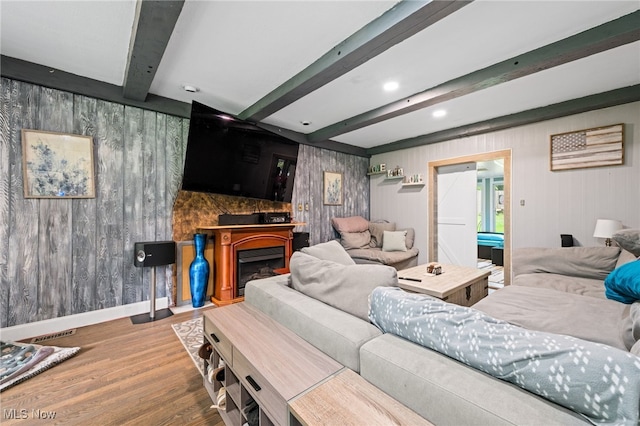 8902 Taylor May Rd, Chagrin Falls, OH 44023 - living area featuring beamed ceiling, wood finished floors, a fireplace, and recessed lighting