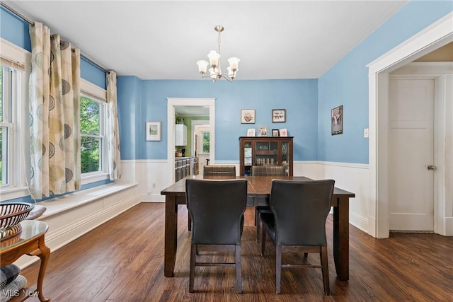 1901 Newton St, Akron, OH 44305 - dining space with a chandelier, dark wood finished floors, and wainscoting