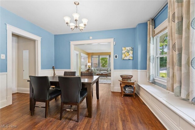 1901 Newton St, Akron, OH 44305 - dining room featuring a chandelier, wainscoting, and dark wood-style flooring