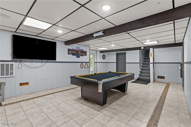 16792 Gonzales Ave, East Liverpool, OH 43920 - playroom featuring tile patterned flooring, billiards, a drop ceiling, and a wainscoted wall