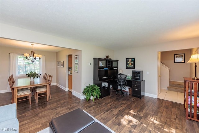 14344 S Gateway Dr, North Royalton, OH 44133 - living room featuring dark wood finished floors, stairway, a chandelier, and a desk