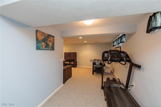 14344 S Gateway Dr, North Royalton, OH 44133 - workout room featuring light carpet, a textured ceiling, and recessed lighting