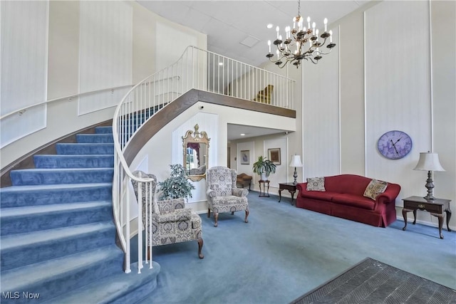 2021 King James Pkwy Unit 228, Westlake, OH 44145 - interior space with a high ceiling, carpet, stairs, and a chandelier