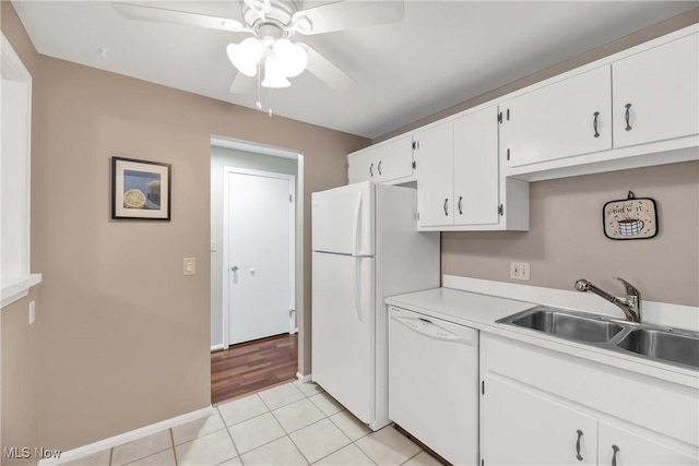 2021 King James Pkwy Unit 228, Westlake, OH 44145 - kitchen with white appliances, ceiling fan, light countertops, white cabinetry, and light tile patterned floors