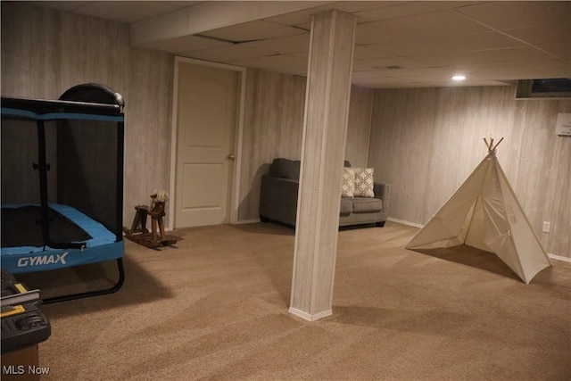 7509 Galena Ave NW, Canal Fulton, OH 44614 - playroom with carpet floors, wooden walls, and a paneled ceiling