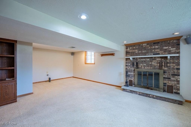 1565 Lois St, Belpre, OH 45714 - unfurnished living room featuring carpet floors, a textured ceiling, a fireplace, and recessed lighting