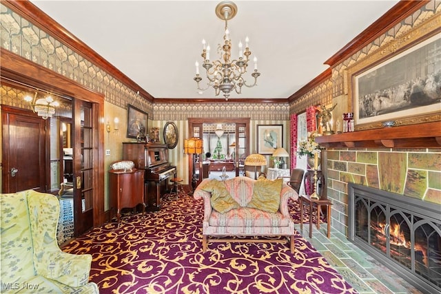 10921 Wade Park Ave, Cleveland, OH 44106 - living area featuring a chandelier, crown molding, a tiled fireplace, and wallpapered walls