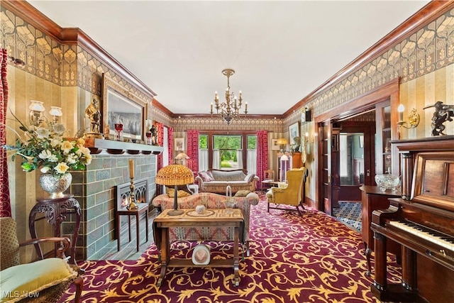 10921 Wade Park Ave, Cleveland, OH 44106 - sitting room featuring crown molding, wallpapered walls, a chandelier, carpet, and a warm lit fireplace