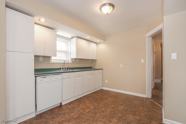 7508 Theota Ave, Parma, OH 44129 - kitchen with white dishwasher, dark countertops, white cabinetry, and recessed lighting