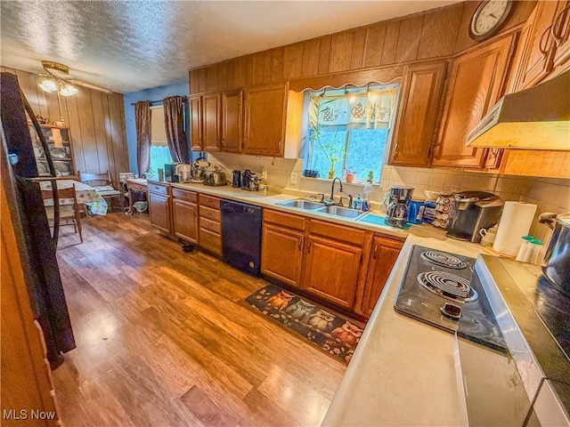 7328 S Calhoun Hwy, Mount Zion, WV 26151 - kitchen with dishwasher, under cabinet range hood, wooden walls, plenty of natural light, and wood finished floors