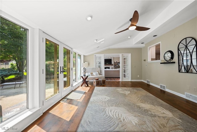 195 Sleepy Hollow Dr, Amherst, OH 44001 - interior space featuring french doors, wood finished floors, vaulted ceiling, ceiling fan, and recessed lighting