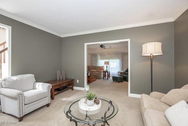 31382 Saint Andrews, Westlake, OH 44145 - living area featuring light carpet, crown molding, and ceiling fan