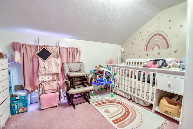 37 S Cedar St, Geneva, OH 44041 - carpeted bedroom with vaulted ceiling, a textured ceiling, and a crib