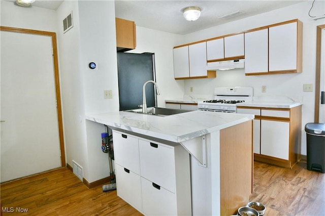 3189 Woodland Trl Unit A, Cortland, OH 44410 - kitchen featuring white gas stove, under cabinet range hood, light wood finished floors, refrigerator, and white cabinets