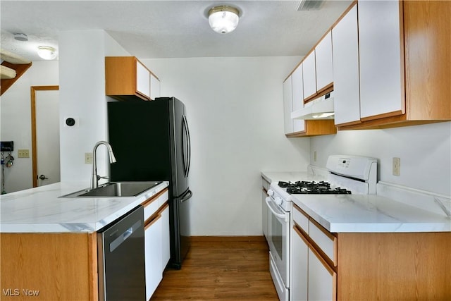 3189 Woodland Trl Unit A, Cortland, OH 44410 - kitchen with stainless steel appliances, under cabinet range hood, wood finished floors, white cabinets, and a peninsula