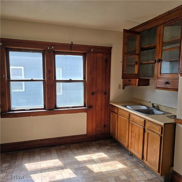 13013 Soika Ave, Cleveland, OH 44120 - kitchen featuring brown cabinetry, glass insert cabinets, and light countertops