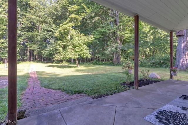 4706 Lansing Dr, North Olmsted, OH 44070 - view of green lawn featuring a patio and a wooded view