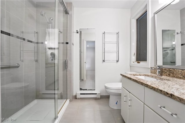 263 E Pne Lake Rd, North Lima, OH 44452 - full bath featuring vanity, a shower stall, a baseboard heating unit, and tile patterned flooring