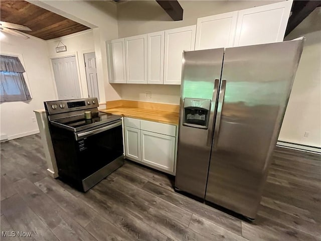 4807 Laskey Rd, Rome, OH 44085 - kitchen featuring stainless steel appliances, wooden ceiling, dark wood-style flooring, white cabinetry, and a ceiling fan