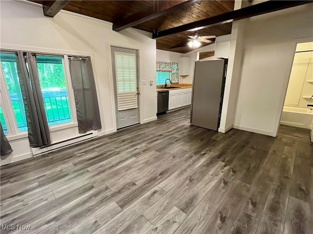 4807 Laskey Rd, Rome, OH 44085 - unfurnished living room featuring a wooden ceiling with exposed beams, dark wood-style flooring, a ceiling fan, and a baseboard radiator