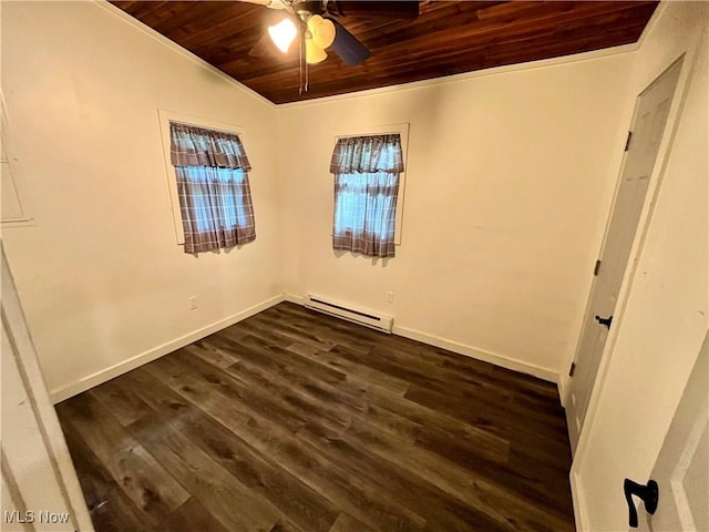 4807 Laskey Rd, Rome, OH 44085 - empty room with wooden ceiling, baseboard heating, dark wood-type flooring, and a ceiling fan