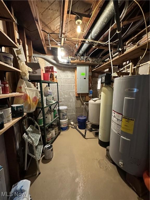 3028 Amsterdam Rd SE, Scio, OH 43988 - unfinished basement featuring electric water heater, electric panel, concrete block wall, and a water softener system