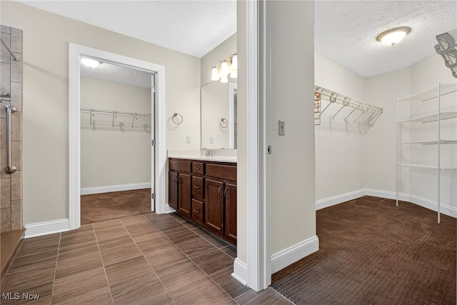 498 Water Pointe Ln, Brunswick, OH 44212 - full bath with vanity, a walk in closet, a textured ceiling, and tiled shower